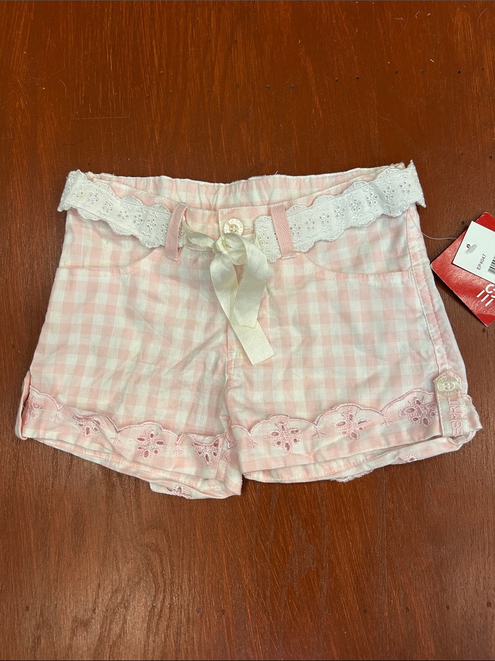 Esprit Light Pink Gingham Shorts with Lace Trim & Ribbon